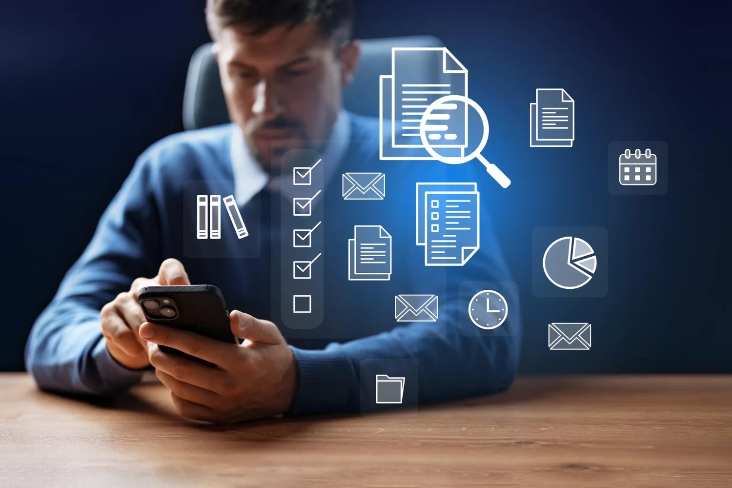 Como Consultar Protesto de Empresa pelo CNPJ Como Consultar Protesto de Empresa pelo CNPJ: homem usando um celular com elementos gráficos de pesquisa e documentos