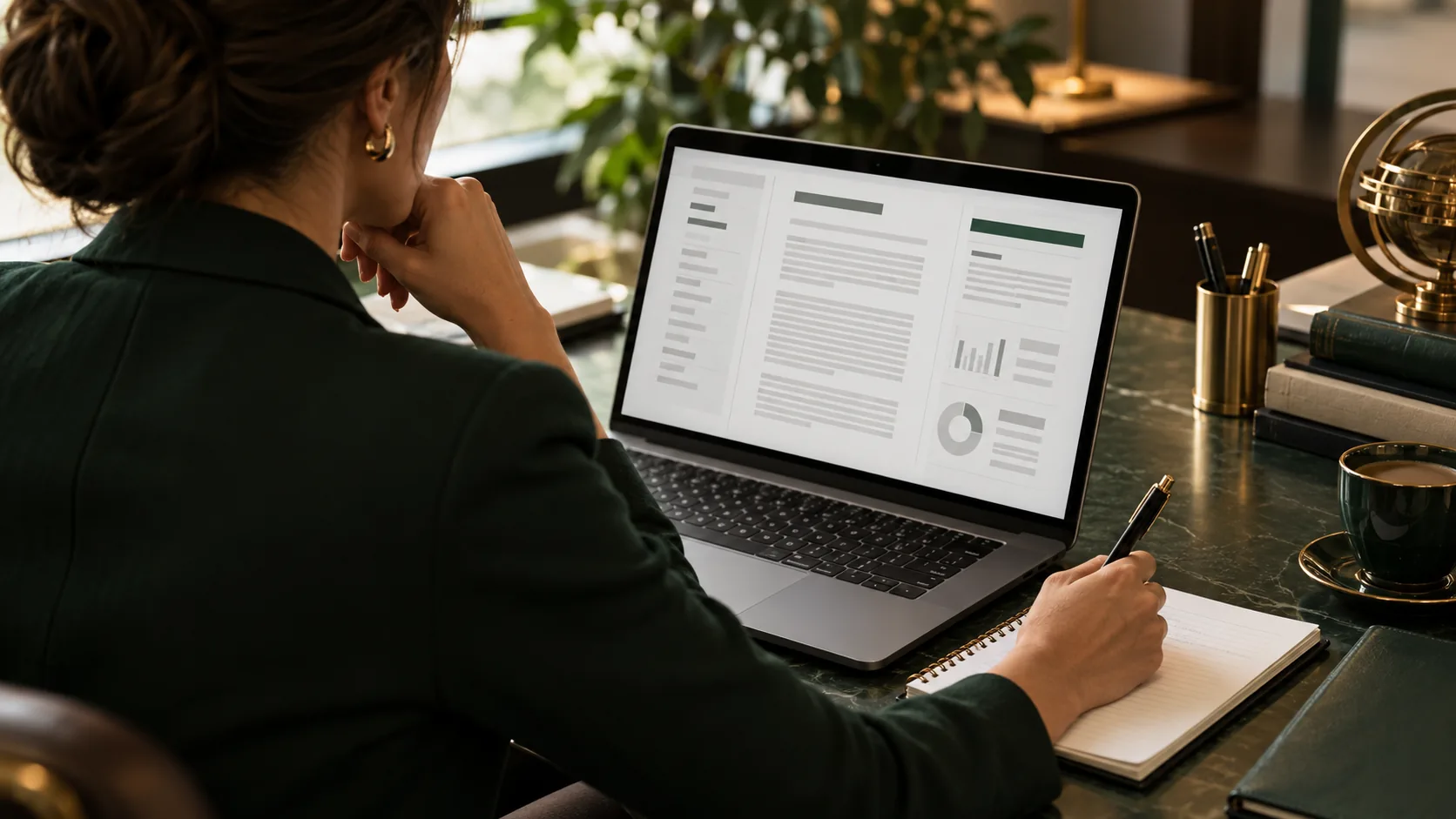 Consulta de processos por CPF em Valinhos Profissional examinando relatório digital e anotando pontos para conferência de registros processuais