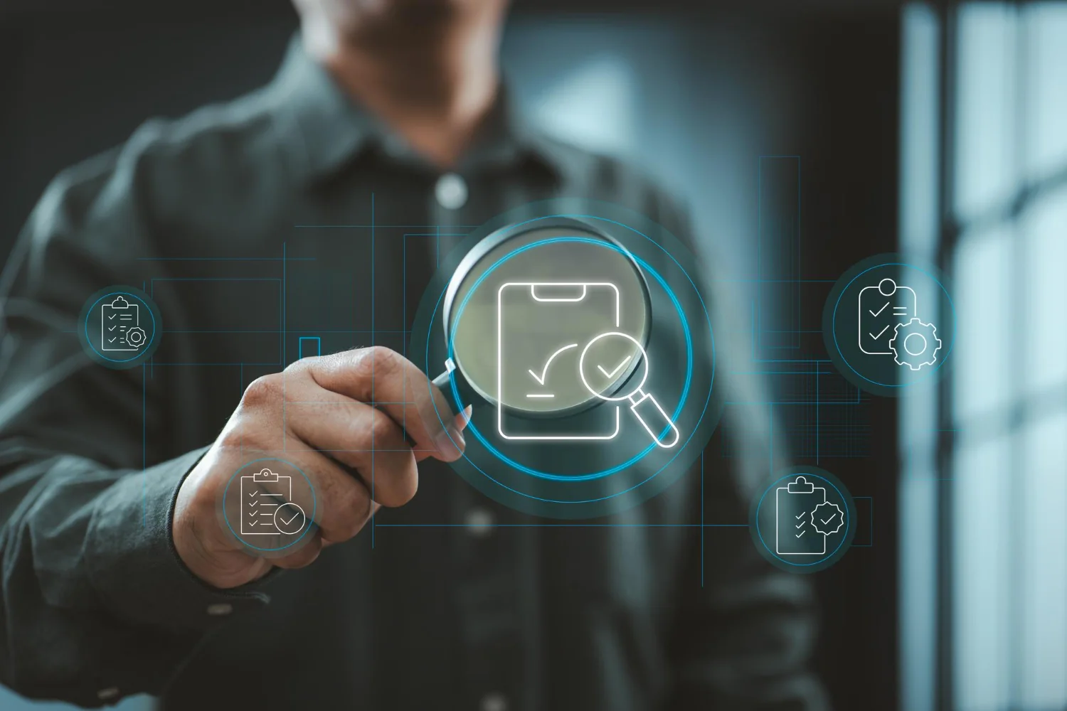 Consultar processo judicial por CPF ou CNPJ com análise de dados Consultar processo judicial: homem selecionando uma pasta digital em uma representação de conferência